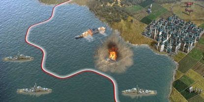 A fight at sea between two ships - one is seen, exploding