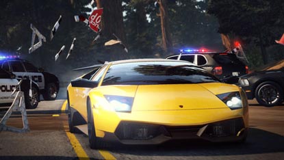 A Lamborghini Murcielago SuperVeloce, speeding through a police road-block