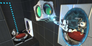 One of the robots, keeping hold of a cube as they go through a portal, with the entrance in the background