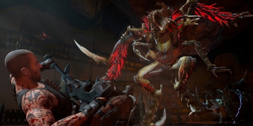 The player's character, falling back in fear of a massive creature