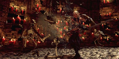 The player's character, smashing apart a pair of skeleton-based enemies