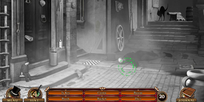 The player, searching a monochrome area with a green-glowing tool