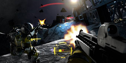 The player, firing at enemies quite far away