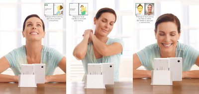 Three pictures of a woman using the Face Training game