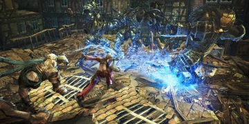 The player's character, fighthing off a number of enemies with a blue wall of energy
