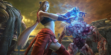 The player's character, charging some magical blue force between her hands