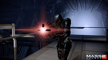 A robot-like soldier, firing a red light out of a weapon