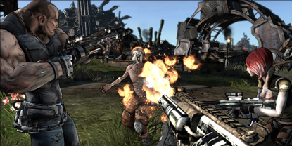 A first-person view of the player, setting fire to another character