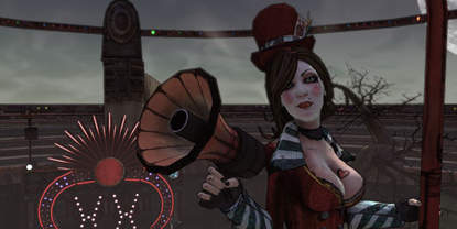 A dressed-up female character with a megaphone