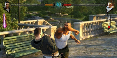 Two men fighting in a street environment