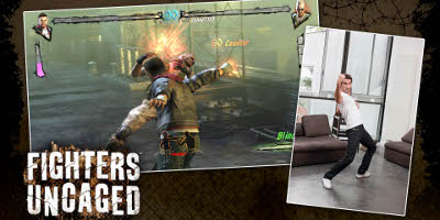 A game screenshot, with a picture of a man using the kinect system