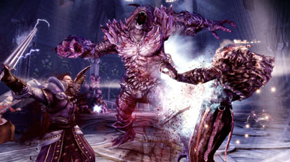 A large, purple creature with lots of spikes and points covering it's body, attacking the player