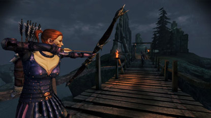 A female character, firing a bow and arrow across a bridge