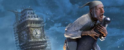 Animated Scrooge On Top Of A Pole Infront Of Big Ben At Night In The Snow