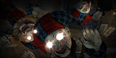 A group of tow clowns and jokers, with glowing eyes - always creepy
