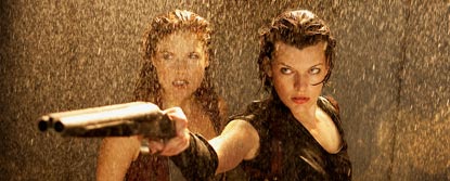 Alice Aiming A Gun With Claire Redfield In The Rain