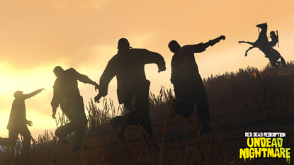 A group of zombie's silhouettes wandering over a hill