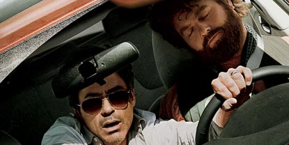 Peter Highman Played By Robert Downey Jr Sat In A Car Grabbing The Steering Wheel While Ethan Tremblay Played By Zach Galifianakis Is Sleeping In The Driver Seat