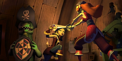 Two female character engaging in a sword fight