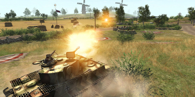 A tank fires at an enemy off in the distance