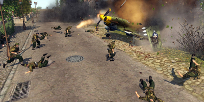 An aircraft is detroyed on the ground, sending infantry flying (ironcally)