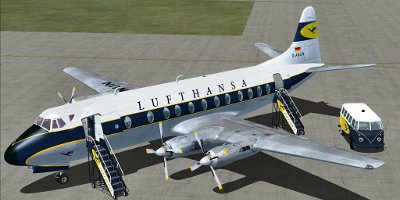 An exterior view of a Lufthansa Vickers Viscount, next to a Lufthansa-branded VW Camper Van