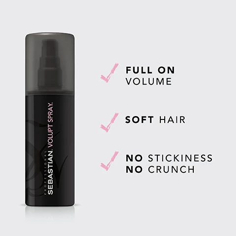 Image 2 - Image of a black spray bottle labeled Sebastian Volupt Spray with check marks and the phrases Full on volume, Soft hair, and No stickiness no crunch.
              Image 4 - A graphic with a light gray background showing three circular icons indicating steps for using a product: an icon representing a spray bottle with the word SHAKE above it, a spray icon with the word SPRAY, and a hairdryer icon with the word BLOW-DRY.
              Image 5 - Image shows the back of a person with blonde hair, split into two sections labeled BEFORE on the left and AFTER on the right, illustrating a visible change in hair texture and style, with the text *AFTER APPLICATION AND STYLING at the bottom.
              Image 6 - A vibrant pink cactus flower is positioned alongside green bamboo leaves against a black background, with the text Bamboo Leaf and Cactus Flower Extract prominently displayed above.