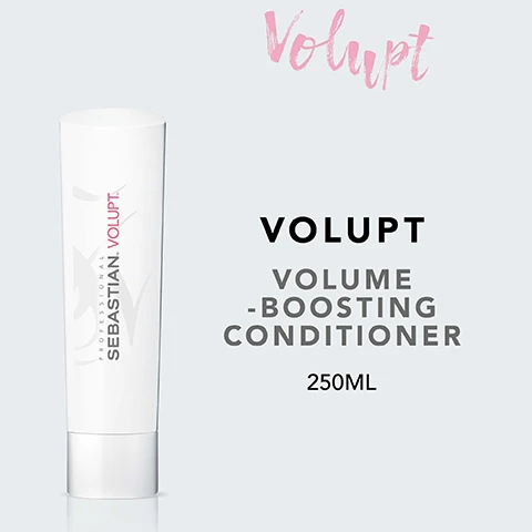 Image 2 - A white tube of Sebastian Volupt volume-boosting conditioner is displayed against a light background, with visible text reading Sebastian Volupt, Volume-Boosting Conditioner, and 250ML.
              Image 3 - A white tube of Sebastian Volupt shampoo is shown on the left, with the text FULL SUPPORT FOR FULLER VOLUME and LIGHT & SOFT HAIR next to it, both accompanied by checkmarks.
              Image 5 - Image showing instructions for use with three steps: a droplet icon with the text REMOVE EXCESS WATER, a hand icon with the text DISTRIBUTE THROUGH THE HAIR, and a showerhead icon with the text RINSE THOROUGHLY.
              Image 6 - A bamboo plant with long green leaves is shown against a black background, with the text NATURAL BAMBOO EXTRACT displayed above it.
              Image 7 - Image shows three hair care products from the Sebastian Volupt line; the text reads Combine with Volupt Shampoo & Volupt Spray for best results.