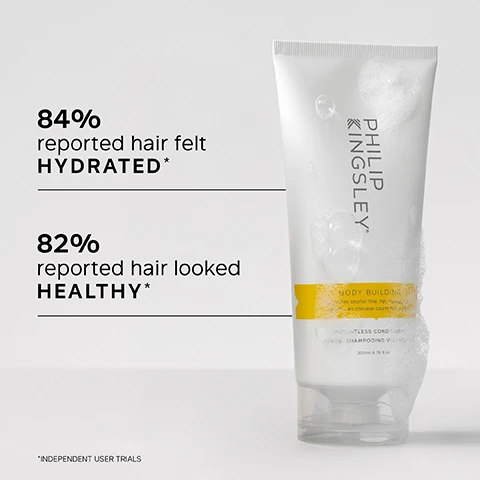 Image 1 - A bottle of Philip Kingsley Body Building Shampoo is shown with bubbles on its surface, and the text states 84% reported hair felt HYDRATED* and 82% reported hair looked HEALTHY*, with smaller text indicating independent user trials.
              Image 2 - A person holds a tube of Philip Kingsley Body Building conditioner with a white background, featuring bullet points listing key benefits: ultra-lightweight formula adds moisture without heaviness, delivers volume, smoothness, and shine, and controls flyaways and frizz.
              Image 3 - A smiling woman with shoulder-length hair is turned slightly to the side, and there is text next to her that reads: Having fine hair, I often find that conditioners weigh it down making it look lank & greasy, but I was pleasantly surprised by this one. It really does feel WEIGHTLESS, and leaves hair SOFT and MANAGEABLE. CUSTOMER REVIEW.
              Image 4 - A white tube of Philip Kingsley Body Building conditioner with yellow and black accents is shown, accompanied by key ingredients listed: Hydrolyzed Wheat Protein increases hair’s ability to retain moisture by reducing porosity, and Behentrimonium Chloride helps smooth the cuticle, add gloss and detangle.
              Image 5 - A side-by-side comparison of a womans hairstyle, showing the before image on the left with uneven blonde hair and the after image on the right featuring smooth, voluminous blonde hair; the words Before and After are displayed at the top of each image.
              Image 6 - A person with wet, shoulder-length hair is shown from the back, alongside text that reads trichologist tip: After shampooing, gently work into the mid-lengths and ends of the hair, avoiding the roots. Rinse well.
              Image 7 - A smiling mature woman with shoulder-length blonde hair holds two Philip Kingsley hair care products in her hands, with a text overlay that reads Best Sellers.