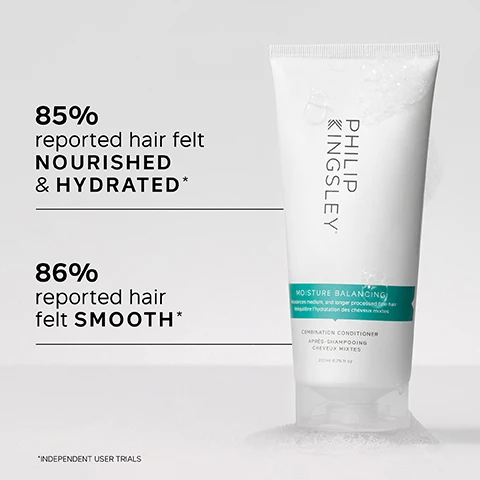 Image 1 - A tube of Philip Kingsley Moisture Balancing Combination Conditioner is displayed, featuring statistics indicating that 85% reported their hair felt nourished and hydrated, and 86% reported their hair felt smooth, with a note stating Independent user trials.
              Image 2 - A person holding a tube of Philip Kingsley Moisture Balancing Conditioner, which features key benefits listed alongside it: lightweight yet deeply conditioning, reduces breakage, anti-static formula adds shine and strength.
              Image 3 - A woman with long, wet hair being combed with a black comb, accompanied by text that says it leaves my hair HEALTHY, HYDRATED and in really GREAT CONDITION without looking or feeling weighed down, CUSTOMER REVIEW.
              Image 4 - A white tube of Philip Kingsley Moisture Balancing Conditioner is displayed, with a turquoise label and visible checkmarks next to the key ingredients: Guar, Silicone, and Hydrolyzed Elastin, each followed by their respective descriptions.
              Image 5 - Image shows a side-by-side comparison of a persons hair before and after treatment, with the left side displaying long, straight, and dull hair labeled BEFORE and the right side showing shiny, wavy hair labeled AFTER.
              Image 6 - A woman with wet hair is holding two hair care products while standing in a bathroom, with text that reads TRICHOLOGIST TIP: After shampooing, gently work into the mid-lengths and ends of the hair, avoiding the roots. Rinse well.