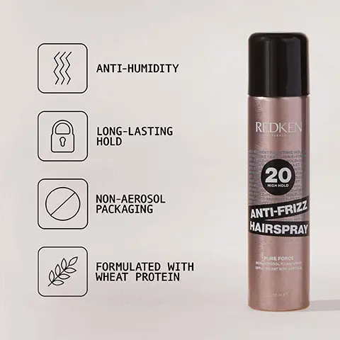 Image 1, Anti-Humidity, long lasting hold, non aerosol packaging and formulated with wheat protein. Image 2, Pro Tip: Spray on wet curls before diffusing to keep curls intact and combat frizz. Image 3,5 star rating- If you have quite fine or easily blown about hair then this product is a must have. It really holds but is not dry and brittle to the touch- Look Fantastic verified customer review.
