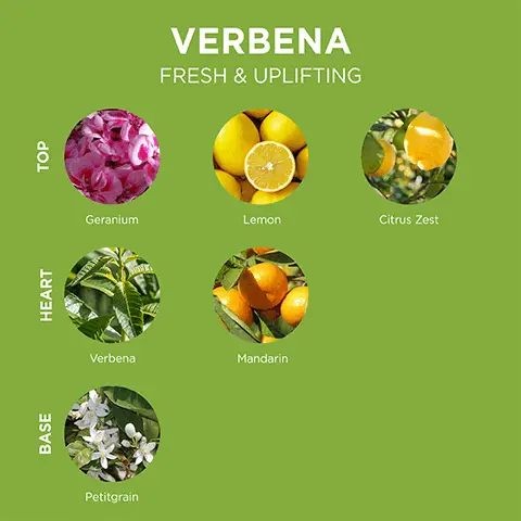 Image 1, Verbena fresh and uplifting. Top: Geranium, lemon and citrus zest. Heart: Verbena and mandarin. Base: Petitgrain. Image 2, Refreshing and invigorating verbena, 100% organically grown in Provence.
