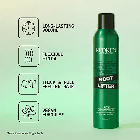 Image 1, Long listing volume, flexible finish, thick and full feeling hair and vegan formula. Image 2, Pro Tip: Spray foam in small sub-sections for precise application. Image 3, Step 1: Section wet hair and spray root lifter directly to roots. Step 2: Blow Dry roots to mid-lengths, Step 3: use round brush to perfect ends