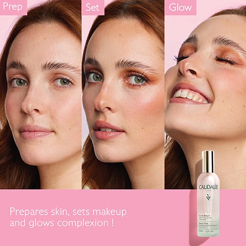 Image 1 - Image of a woman with three different facial expressions showcasing a skincare routine: on the left, she has bare skin, in the middle, she has makeup applied, and on the right, she is smiling with a radiant complexion; visible text includes Prep, Set, Glow, and Caudalie as well as Prepares skin, sets makeup and glows complexion !
              Image 2 - A woman with long brown hair holds a skincare product in a clear bottle near her face, with a pink background showing text that reads Instant complexion enhancer and 100% saw their pores tightened immediately after use.
              Image 3 - A hand holding a bottle of facial mist sprays a fine mist against a soft pink background, with visible text that reads Face mist 100% natural origin ingredients.
              Image 4 - A clear bottle labeled Caudalie with a silver cap is centered, surrounded by rose, mint, grape, lemon balm, rosemary, and orange blossom with text describing their benefits: rose boosts radiance, mint tones and refreshes, grape moisturizes, lemon balm soothes and calms, rosemary soothes and purifies, and orange blossom calms and glows complexion.
              Image 5 - Image shows two beauty products side by side: Beauty Elixir on the left in a pink background and Grape Water on the right in a green background, with check marks listing benefits: Beauty Elixir reveals radiance, tightens pores, fixes makeup; Grape Water soothes, moisturizes, antioxidant.