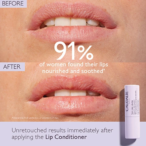 Image 1 - Image shows a close-up view of lips before and after using a lip conditioner, with the text stating 91% of women found their lips nourished and soothed and includes the brand name Caudalie and the product label Lip Conditioner, with a note about unretouched results.
              Image 2 - A close-up of a womans face with brown eyes applying a lip balm, next to text that reads 91% of women found their lips nourished and soothed with the header Instantly soothes.
              Image 3 - A lavender tube of Caudalie lip balm is centered on a white surface with a dark grape beside it, and the text around the image reads SHEA BUTTER Nourishes, regenerates and repairs and GRAPESEED POLYPHENOLS Anti-oxidant.