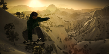 A player, performing a simple trick whilst in mid-air, flying down a mountain-side