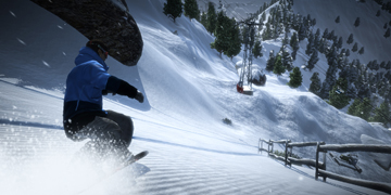 A player speeding down a mountain, along-side a fence