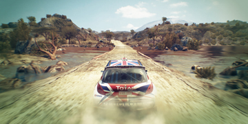 The player, racing a Peugeot 207 across a swampland environment