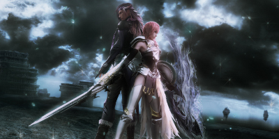 A female character standing back-to-back with a male character, holding their weapons