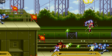 A 2D platform shooter, with the player sending enemies flying