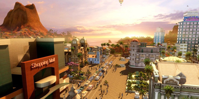 Un lugar con aspecto de calle, con un centro comercial visible a la izquierda de la pantalla