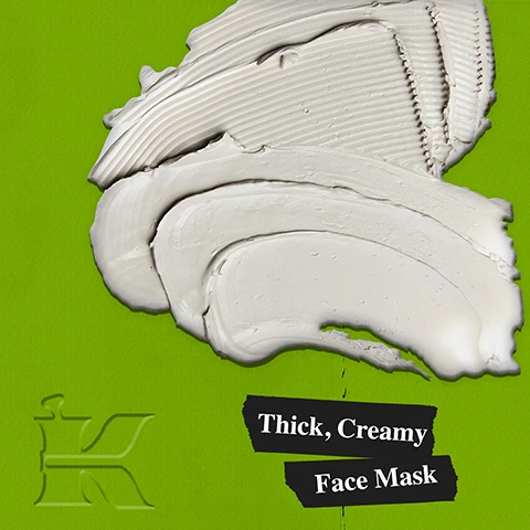 Image 1 - A thick, creamy, light grey substance smeared on a bright green background with a subtle embossed K in the bottom left, accompanied by the text Thick, Creamy Face Mask. Image 2 - A white jar of Kiehls Rare Earth Deep Pore Cleansing Masque, labeled Kiehls Since 1851 Rare Earth Deep Pore Cleansing Masque with Amazonian White Clay Intensively Purifies to Minimize Pores 4.2 fl. oz. - 125 ml, is displayed on a green background next to large text that reads TARGETS 5 DIMENSIONS OF PORE CLEANSING Size, Colour, Shine, Depth, Clogs. Image 3 - An image with a green background showing a petri dish of white powder and a cross-section of an aloe vera leaf, with text that reads Our Formula With: Aloe Barbadensis Amazonian White Clay. Image 4 - A before and after comparison image shows a close-up of a persons skin around the eye and nose area, with the top section, labeled before, displaying more visible pores and lines, and the bottom section, labeled AFTER, showing smoother skin with reduced pores, with the additional text Visibly Reduces Pores and a disclaimer at the bottom reading *Photos based on expert grading from a 2-week clinical study using average results for number of clogged pores. Image 5 - A white Kiehls Rare Earth Deep Pore Cleansing Masque 4.2 fl. oz. - 125 ml jar with white product on top is displayed on a dark green background, alongside white torn paper snippets that read 96% Biodegradable Formula* and Pot made using recycled plastic except label**.