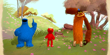 The Cookie Monster, Elmo and Seamus stood in a meadow environment