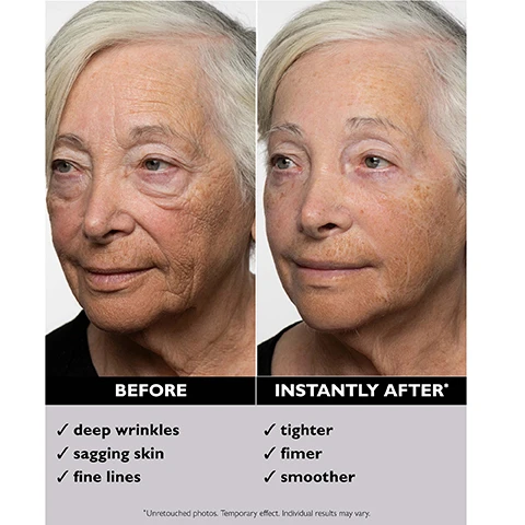 Image 1 - A split-screen before and after comparison of an older womans face showing reduction in wrinkles and improved skin texture, with the left side labeled BEFORE and accompanying text deep wrinkles, sagging skin, fine lines, and the right side labeled INSTANTLY AFTER* with text tighter, firmer, smoother, followed by a disclaimer *Unretouched photos. Temporary effect. Individual results may vary. Image 2 - A hand with a dime-sized amount of yellowish gel on a fingertip is shown next to instructions that read: Squeeze a dime-size amount onto the top of your hand*. Pick up and apply with a finger or brush, gently spreading in upward strokes. *Use the recommended amount of product to reduce the possibility of white residue. Image 3 - The image shows a hand holding a black tube of Peter Thomas Roth skincare product, with a clear drop of product on a finger below, and on the right, step-by-step usage instructions: The product label reads PETERTHOMASROTH CLINICAL SKIN CARE INSTANT FIRM X TEMPORARY FACE TIGHTENER instantly tightens, firms & smoothes the appearance of fine lines deep wrinkles & pores to help you look years younger all day long vitamins C E pro vitamin B5 for all skin types 100 ml / 3.4 fl oz; the instructions are titled HOW TO USE FOR BEST RESULTS, followed by STEP 1 Cleanse and exfoliate skin. Do not apply serum or moisturizer. STEP 2 Shake tube. Dispense a dime-size amount on top of the hand. STEP 3 Pick up product with your finger or brush. Apply a thin layer to completely dry skin. STEP 4 Wait 3 to 7 minutes for product to dry and stay expressionless. STEP 5 Gently pat away any residue using a wet cotton swab. Image 4 - A split image compares the correct and incorrect application of a facial product, showing a smooth under-eye area on the left with text CORRECT USE = FLAWLESS, Shook tube well, Applied thin, even layer, Remained expressionless while product dried, and a flaky, residued under-eye area on the right with text INCORRECT USE = RESIDUE, Did not shake tube, Applied thick, uneven layer, Made facial expressions while product dried. Image 5 - A black Peter Thomas Roth skincare tube is tilted, dispensing a translucent gel onto a peach background, with text on the right reading NO MORE FINE LINES, WRINKLES & SAGGING* BY THE NUMBERS, followed by 93% agreed the product worked instantly†, 86% agreed skin looked tighter and firmer†, 3 extra-strength skin-tightening silicates and seaweed extract, and fine print at the bottom stating *Temporary effect. Individual results may vary. †Based on a consumer perception study on 30 women ranging in age from 40 to 67, while the tube itself displays 100 ml / 3.4 fl oz. Image 6 - A grid displays four Peter Thomas Roth Instant Firm skincare products, with the heading WHICH INSTANT FIRM® IS FOR YOU?, featuring a black tube for TEMPORARY FACE TIGHTENER which Instantly tightens and reduces deep wrinkles, a black tube for TEMPORARY EYE TIGHTENER which Instantly tightens and reduces under-eye bags and crows feet, a silver tube for NO-FILTER FIRMING PRIMER which Instantly firms and smooths skin for flawless makeup application, and a silver and black tube for GLOW-FILTER PRIMING SERUM which Instantly illuminates and hydrates skin for a glowing skin-perfecting finish, followed by a disclaimer stating *Temporary effect. Individual results may vary.