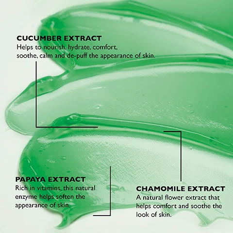 Image 1 - Green gel-like substance with labels identifying cucumber extract, papaya extract, and chamomile extract, along with descriptions of their skin benefits.
              Image 2 - A smiling woman with a green background is applying a face mask, and the text at the bottom reads HOW TO USE: Apply a generous coat on clean skin. Allow mask to remain on for 10 minutes. Rinse with cool water. For a very cool treatment, refrigerate product. For an intensive treatment, apply a thin layer as the last layer of skin care and leave on overnight. Use 2 to 3 times a week or daily for intensive hydration.