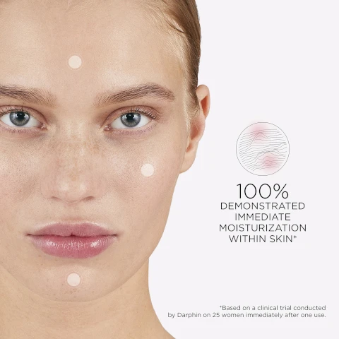 Image 1, 100% demonstrated immediate moiosturization within skin*. *based on a clinical trial conducted by Darphon on 25 women immediately after one use. Image 2, removes makeup and impurities immediately.