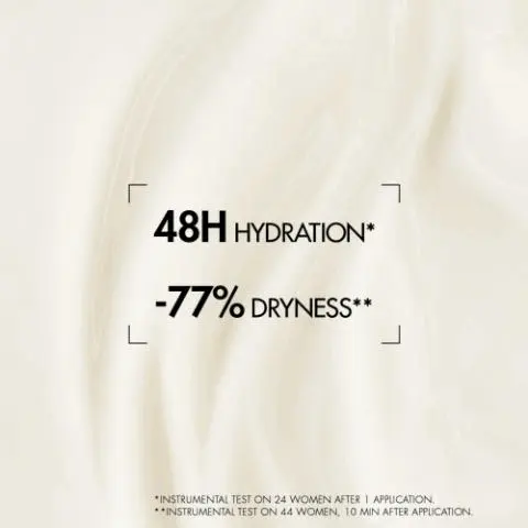 Image GIF3 - An image with a light, creamy textured background displays the text 48H HYDRATION* -77% DRYNESS** *INSTRUMENTAL TEST ON 24 WOMEN AFTER 1 APPLICATION. **INSTRUMENTAL TEST ON 44 WOMEN, 10 MIN AFTER APPLICATION. Image GIF4 - A white liquid splash with slices of orange and red citrus fruit, an orange peel, and water droplets against a blue sky background, with the text INFUSED WITH NATURAL CITRUS ESSENCES FOR A REFRESHING AND DELICATE SCENT.