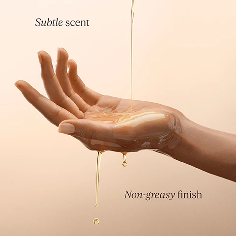 Image 1 - A close-up of a hand holding a small amount of liquid with droplets falling and the background is a soft gradient; the text includes Subtle scent above and Non-greasy finish below.
              Image 2 - A shower oil bottle is being refilled with a golden liquid, and the text above reads Refiller your bottle once finished.
              Image 3 - A close-up of two legs, showing smooth skin against a light beige background, with the text 92% said their skin felt supple and hydrated* in the lower left corner.