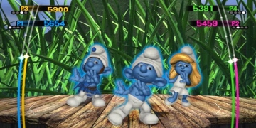 Three Smurfs dancing with a grassy background
