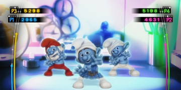 Three Smurfs dancing during a 4-player game